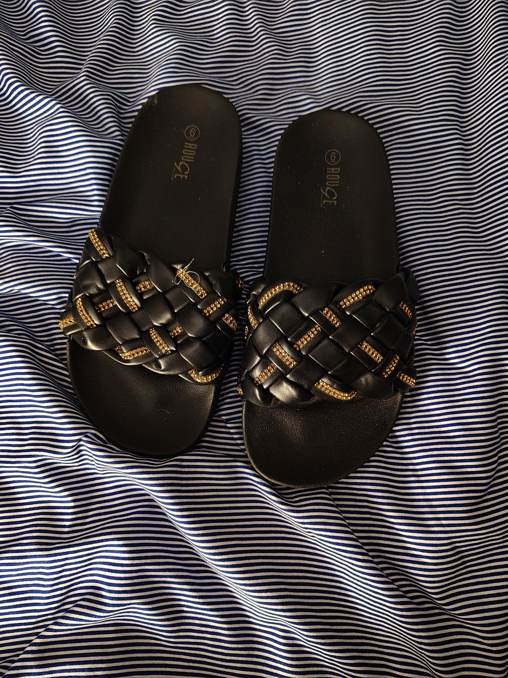 SHEIN Black Braided Slide Sandals with Gold Accents